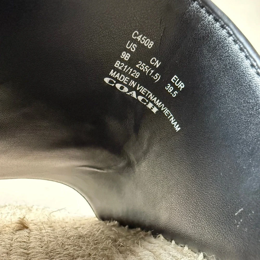 Coach Camille Espadrille Jute Slide Sandals Black Leather Gold Horse Carriage 9B